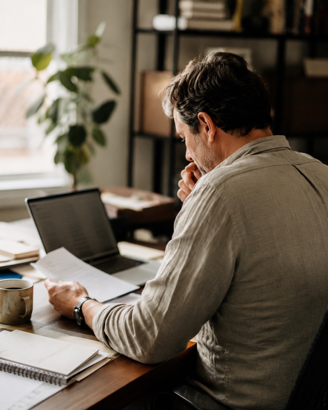 A small-business owner reviewing paperwork at a lived-in desk, coffee in hand